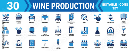 Bild auf Leinwand Set of 30 wine production icons showing the process from grape harvest to bottling and tasting in blue Minimal solid icon set bundle collection