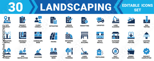 Foto Set of 30 landscaping and garden design icons showing various construction and maintenance services Minimal solid icon set bundle collection