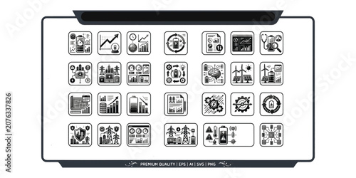 Advanced Business and Industrial Data Analytics Icon Set Vector Line Art Symbols