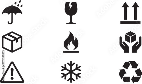 Nine black shipping and handling logistics icons presented as a clean vector graphic on transparent background
