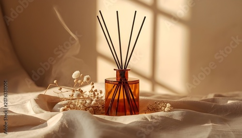 Aroma reed diffuser in amber glass bottle with sticks on folded cloth fabric dry flowers inside cozy room with warm golden sunlight window shadow background home fragrance digital art banner