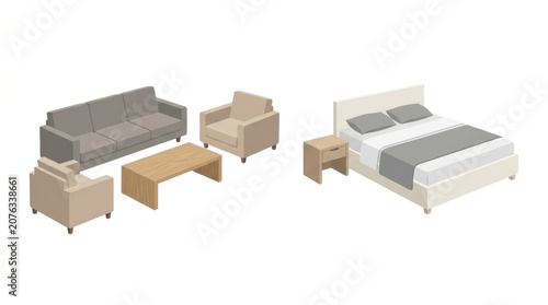 Modern bedroom and living room furniture set illustration