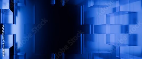 3d render wide screen abstract cube glass with color light on dark background