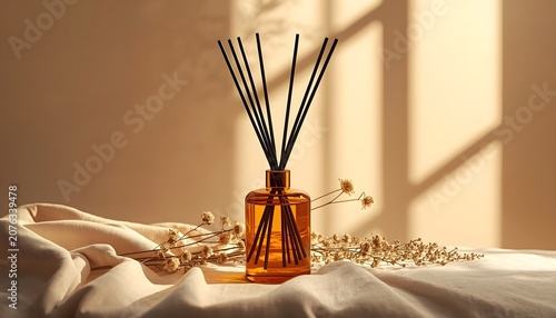 Aroma reed diffuser in amber glass bottle with sticks on folded cloth fabric dry flowers inside cozy room with warm golden sunlight window shadow background home fragrance digital art banner