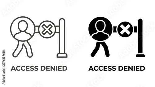 Fotografie Access Denied Symbol: A clear icon representing restricted entry, showing a person figure walking towards a barrier with a red cross symbol, indicating denial