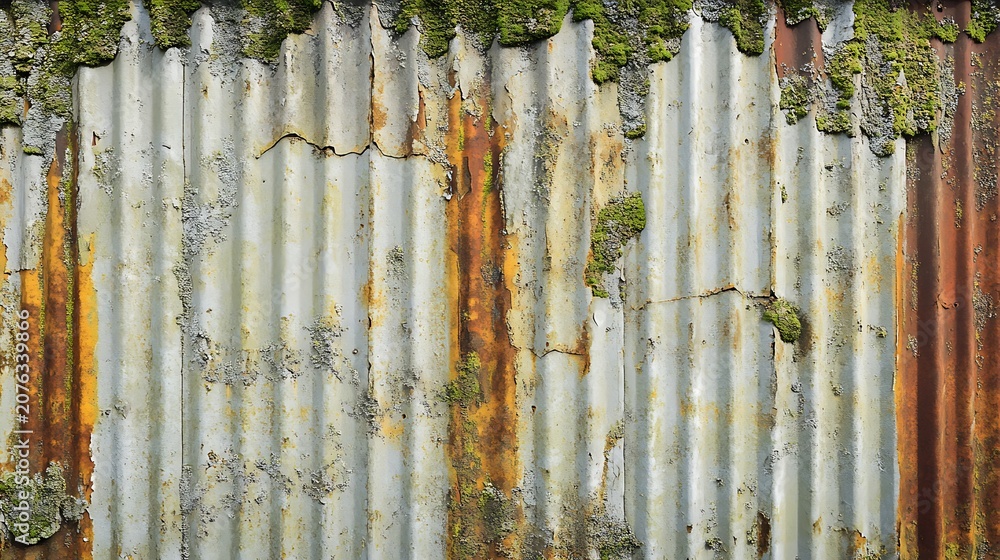 Obraz premium Rusted corrugated metal sheet with moss and lichen.