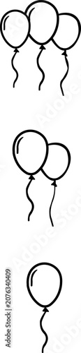 Party balloon celebration outline icons set. Birthday festive decoration, bunch cluster symbol collection. Black line, stroke thin flat vector.