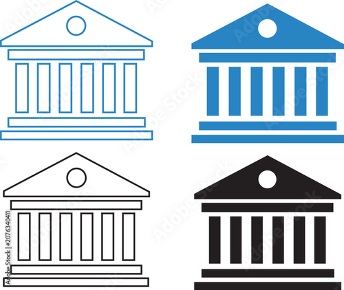 Bank building, courthouse museum icons set. Government finance institution, pillar column architecture symbol. Blue, black outline, filled flat vector.