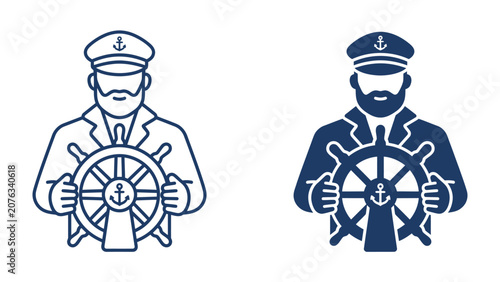 Konstfotografi Ship Captain Icon Set: A professional ship captain, depicted with a beard and cap, firmly grasps the helm of a ship, symbolizing guidance and control