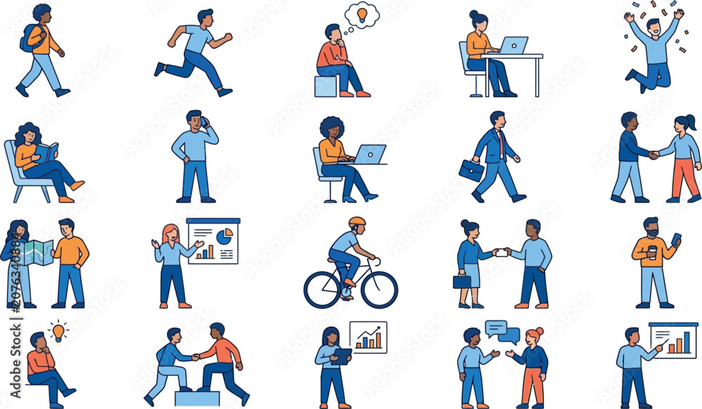Fototapeta premium Set of flat vector illustrations of business people working, communicating, and performing daily activities