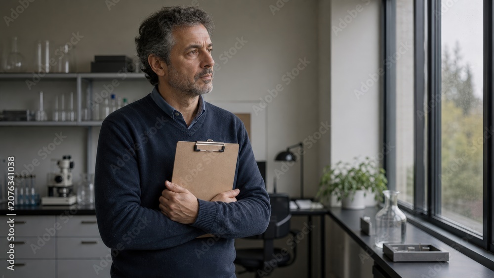 Fototapeta premium Climate anxiety midlife Greek man in quiet lab like office holding