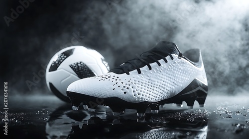 Soccer cleats and ball on wet ground with smoke.