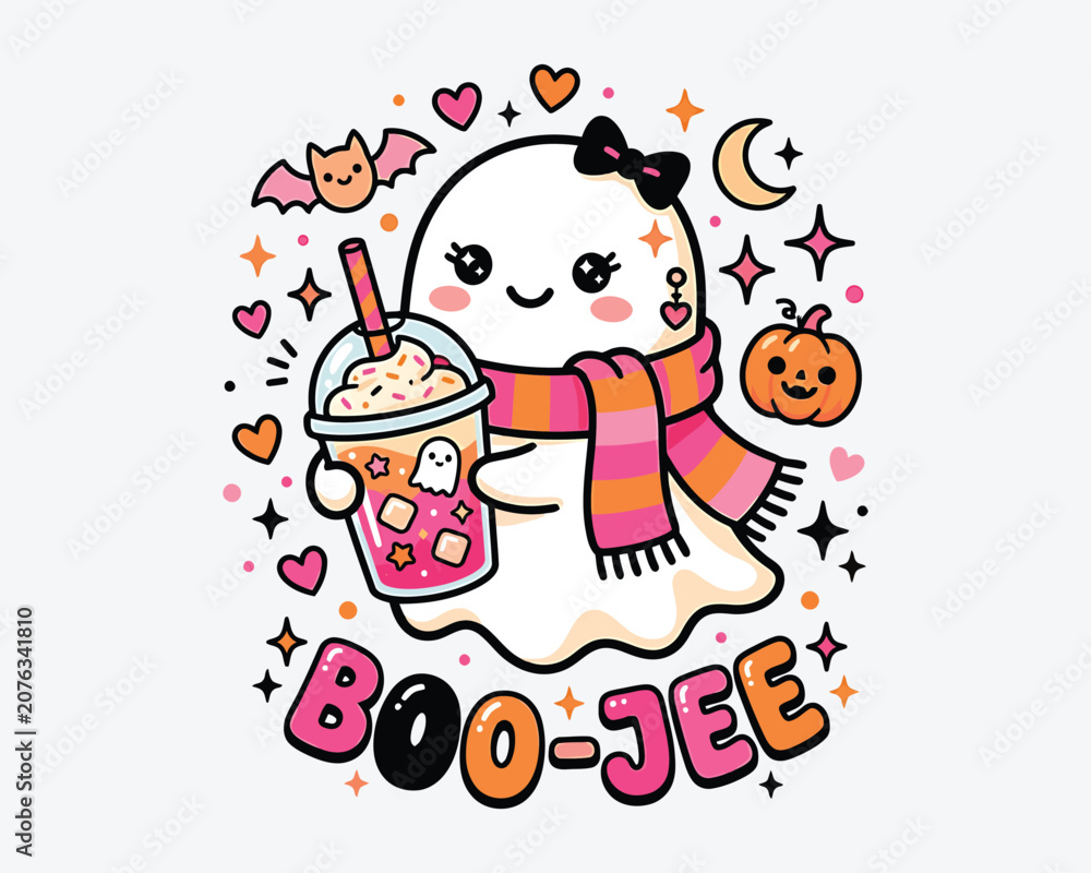 Fototapeta premium Halloween ghost boo jee cartoon character with boo jee drink
