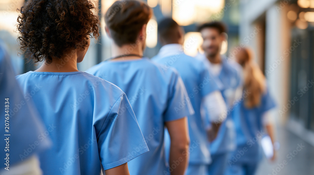 Obraz premium Faceless group of medical staff and students in scrubs walking together down a bright corridor seen from behind soft daylight distant shot medical education hospital