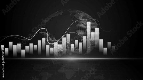 Financial chart with rising bars line graph and globe animation, showing business growth market data and global economy