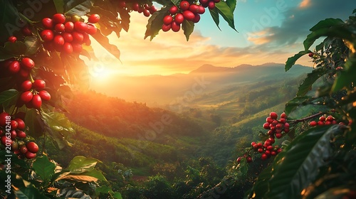 Sunset over coffee plantation with ripe red coffee beans on branches.