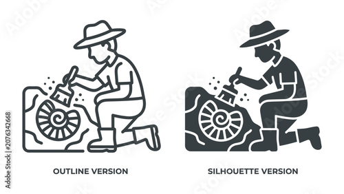 Fotografie Paleontologist Excavating Fossil: An illustration depicts a paleontologist, wearing a hat and boots, meticulously excavating a fossilized shell with a brush