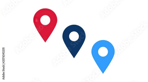 Three colorful location pin icons in a row