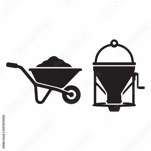 Wheelbarrow and Concrete Hopper Vector Icon Set