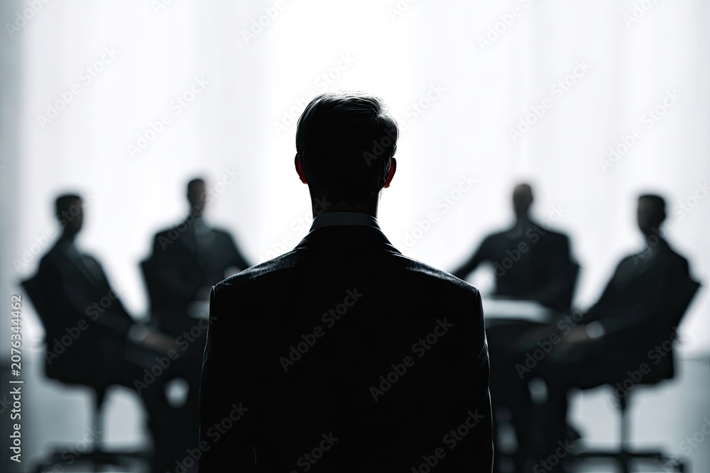 Fototapeta premium A man in a suit stands facing a group of people in a dimly lit room
