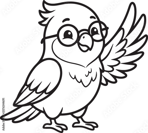 Happy owl character with spectacles waving greeting