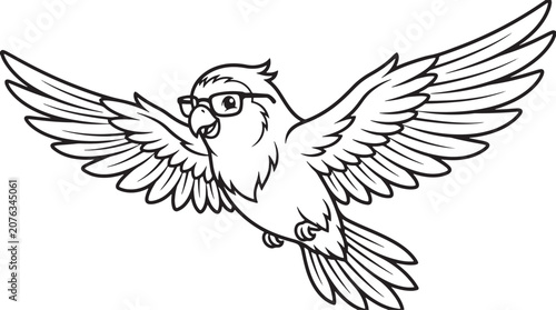 Flying smart parrot wearing glasses line art