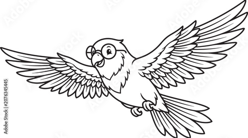 Flying cartoon bird character wearing glasses with wings spread