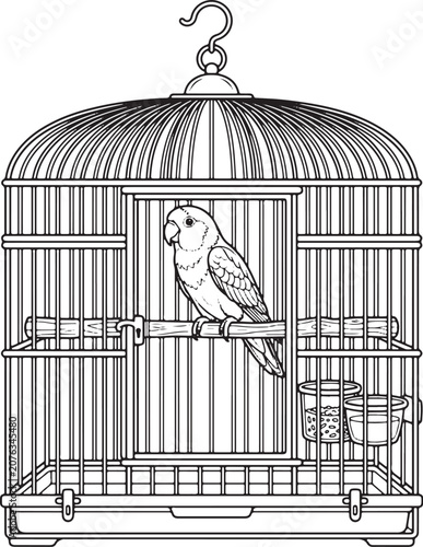 Pet parrot perched inside a birdcage line art