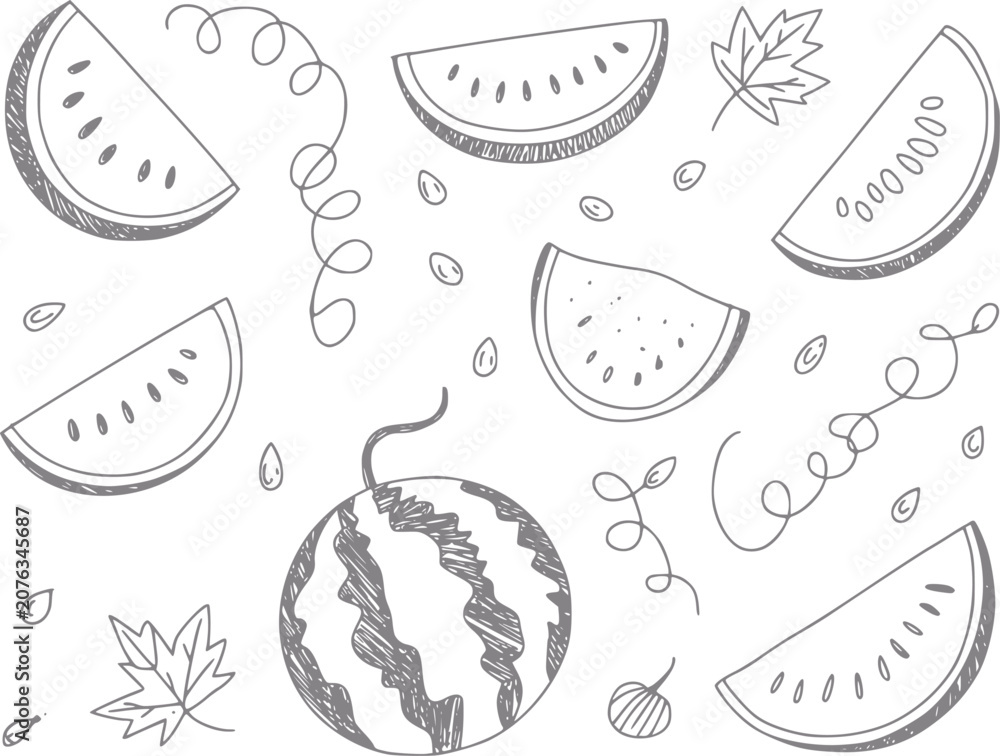 Obraz premium Hand-drawn watermelon slices and seeds pattern with leaves