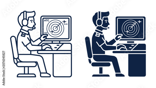 Air Traffic Controller at Work: A stylized illustration of an air traffic controller wearing headphones and a headset, focused on a radar screen displaying aircraft positions.