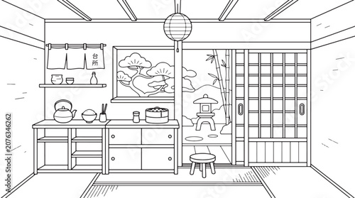 Traditional japanese washitsu room with garden view line art