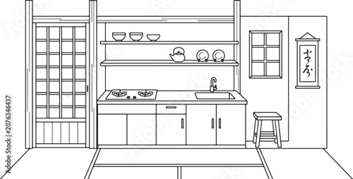 Minimalist kitchen scene with wooden stool and shoji sliding door