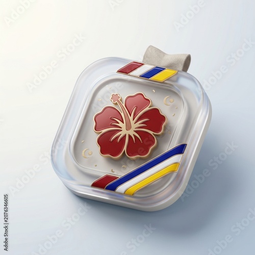 Malaysia National Day medal with hibiscus and ribbon, 3D render