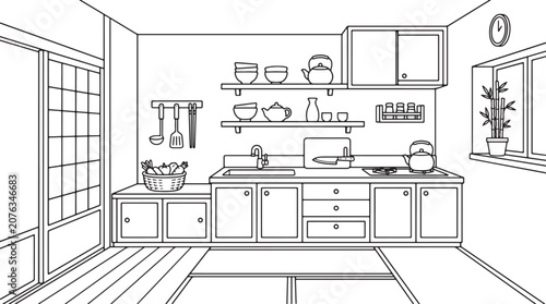 Detailed kitchen layout with stove sink and bamboo plant