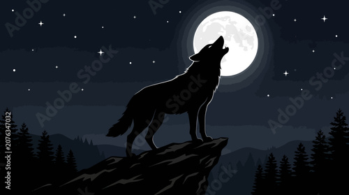 A wolf howls at the moon under a starry night sky AiZaSyDtFAsorsOCAxTnT_BTX61--pjKsSzhqVc with mountains and trees.