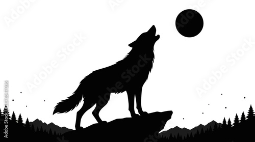 A wolf howls at the moon on a hill with trees under a dark sky at night
