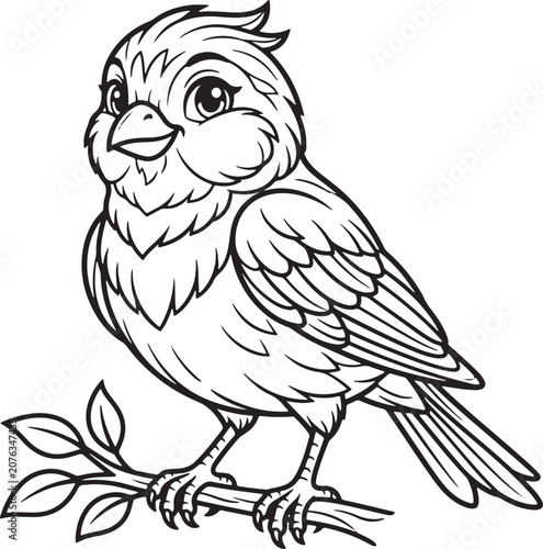 Small sparrow perched on a leafy branch line art
