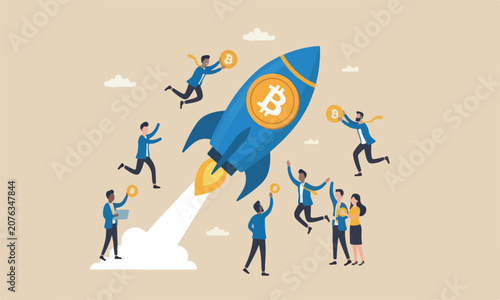 Billede på lærred cryptocurrency mountain meeting teams together trading concept, speedy rocket sh