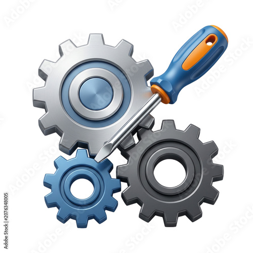 Mechanical Gears and Screwdriver Isolated Transparent Background PNG Image