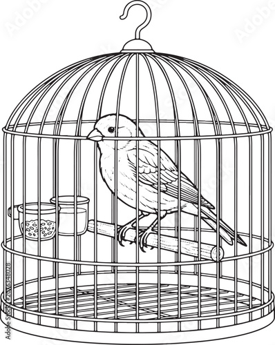 Captive songbird perched in a round metal cage