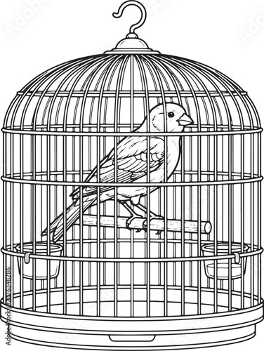 Songbird resting in a decorative wire pet cage