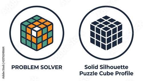 Photos Puzzle Cube Icons: Two circular icons featuring a colorful, partially solved puzzle cube labeled Problem Solver and a solid silhouette of a puzzle cube labeled Solid Silhouette Puzzle Cube Profile