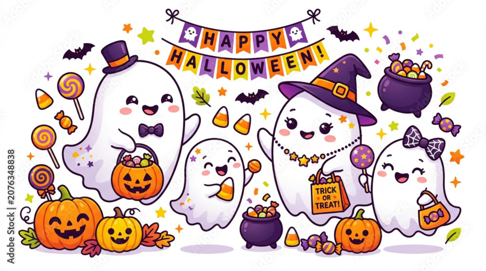 Naklejka premium Cute cartoon ghosts celebrating Halloween with pumpkins and candy, festive holiday greeting illustration with a happy atmosphere