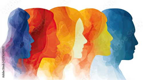 Watercolor gradient multicolor overlapping human profile silhouettes on plain white background, diverse inclusive equality team conceptual illustration asset