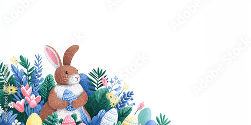 Illustrated brown Easter bunny holding a decorated egg