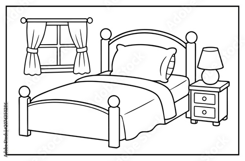 Foto Bedroom interior with a wooden bed frame bedside table and window in simple outl