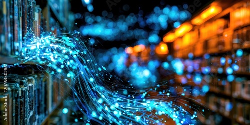 Data streams flowing from books in a library with glowing lights