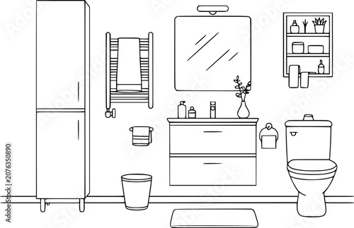 Foto A simple black and white line of a modern bathroom interior with furniture and t