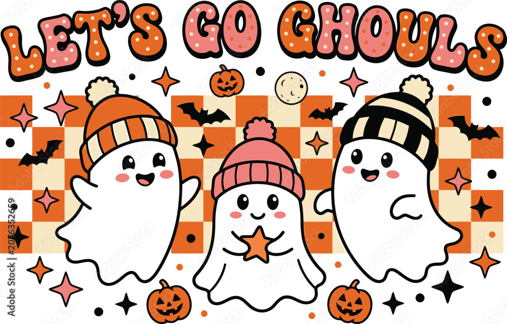 Fototapeta premium Cute halloween ghost characters with hats and pumpkins kawaii ghost illustration for seasonal designs