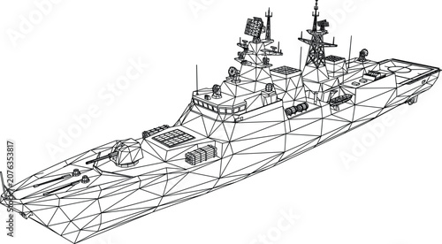 Slika na platnu Military Navy Warship Destroyer Wireframe Mesh Vector for Maritime Defence Bluep